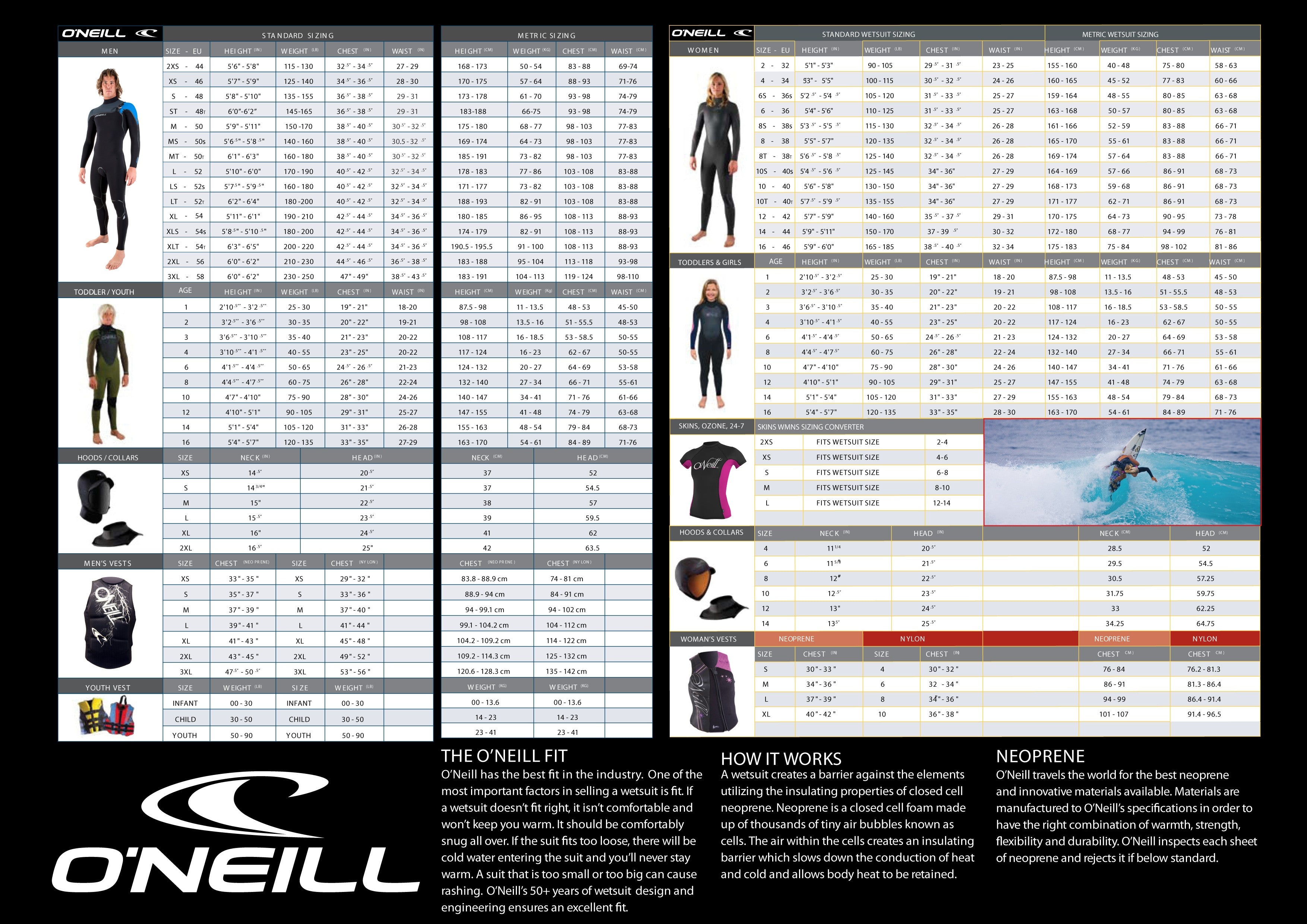 o neill size chart