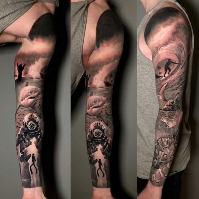 ocean tattoo sleeve black and grey