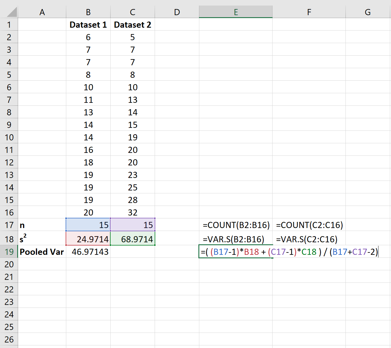 pooled variance in excel