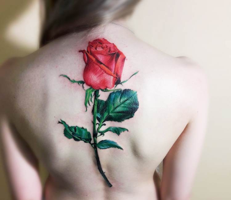 realistic red rose tattoo with stem