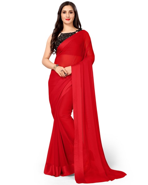 red transparent saree online