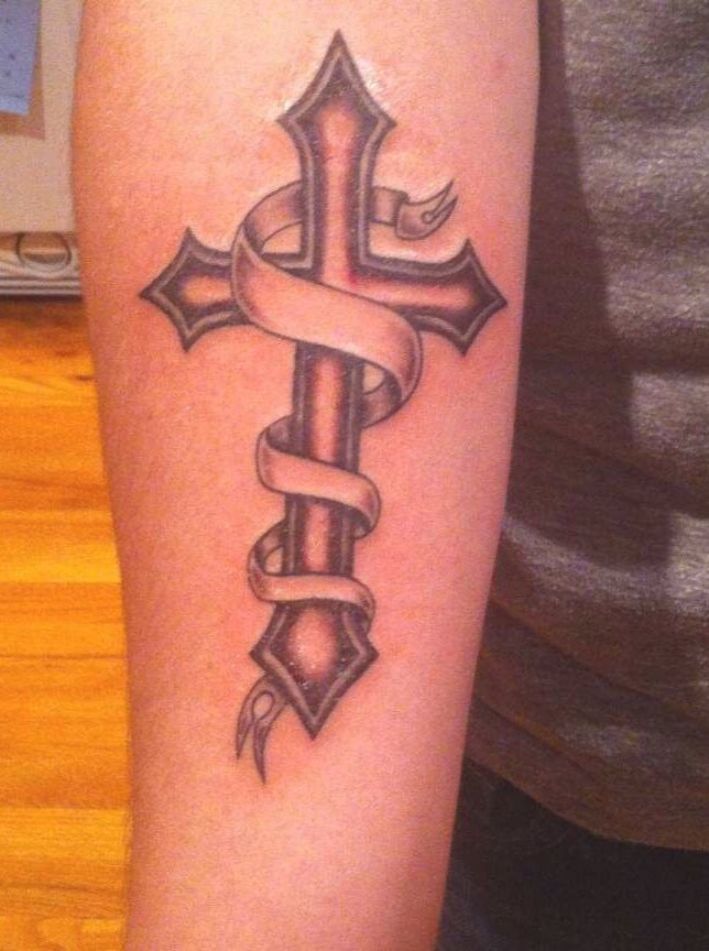 ribbon and cross tattoo