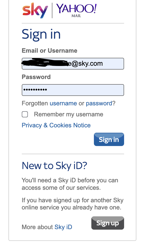 sky yahoo mail log in