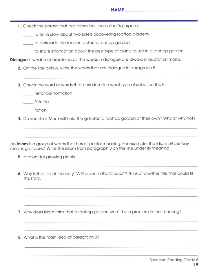 spectrum reading grade 5 answer key