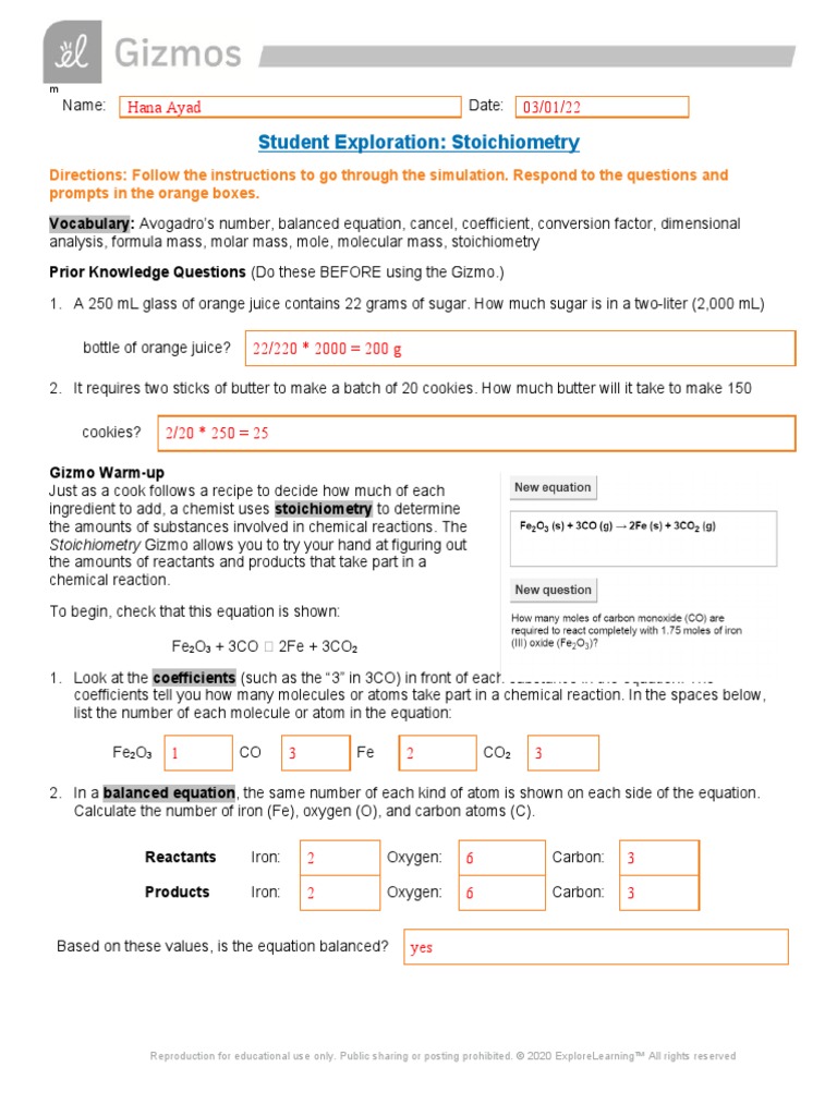 student exploration stoichiometry gizmo answer key