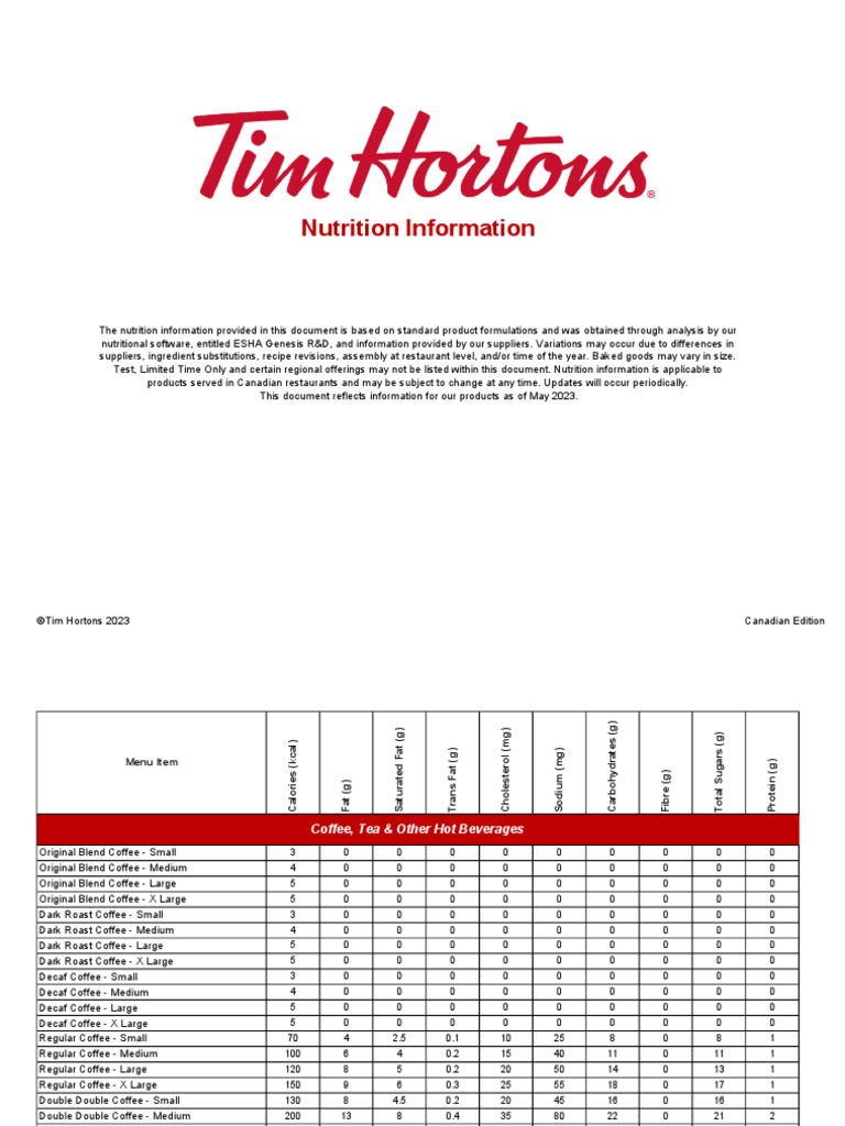 tim hortons dietary information