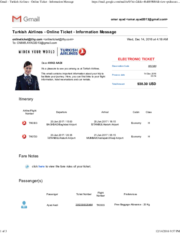 turkish airlines electronic ticket