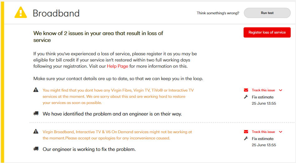 virgin media problems in my area