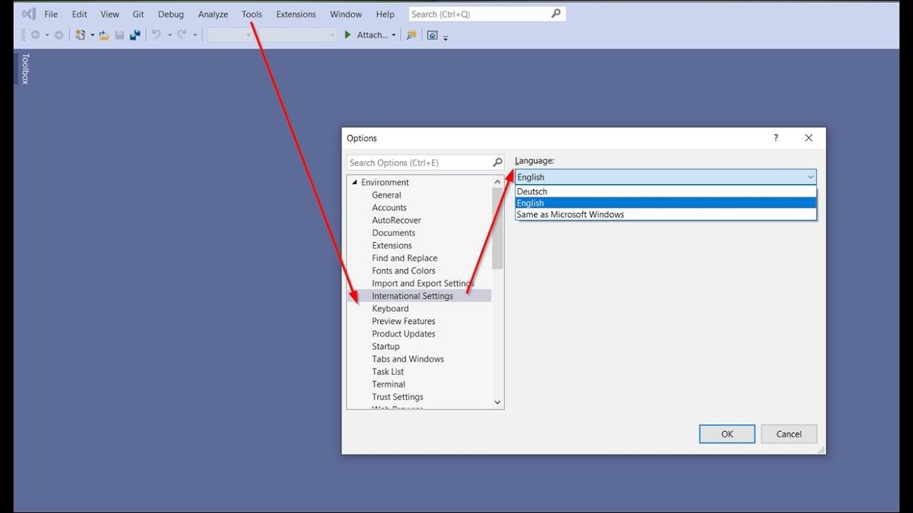 visual studio change language