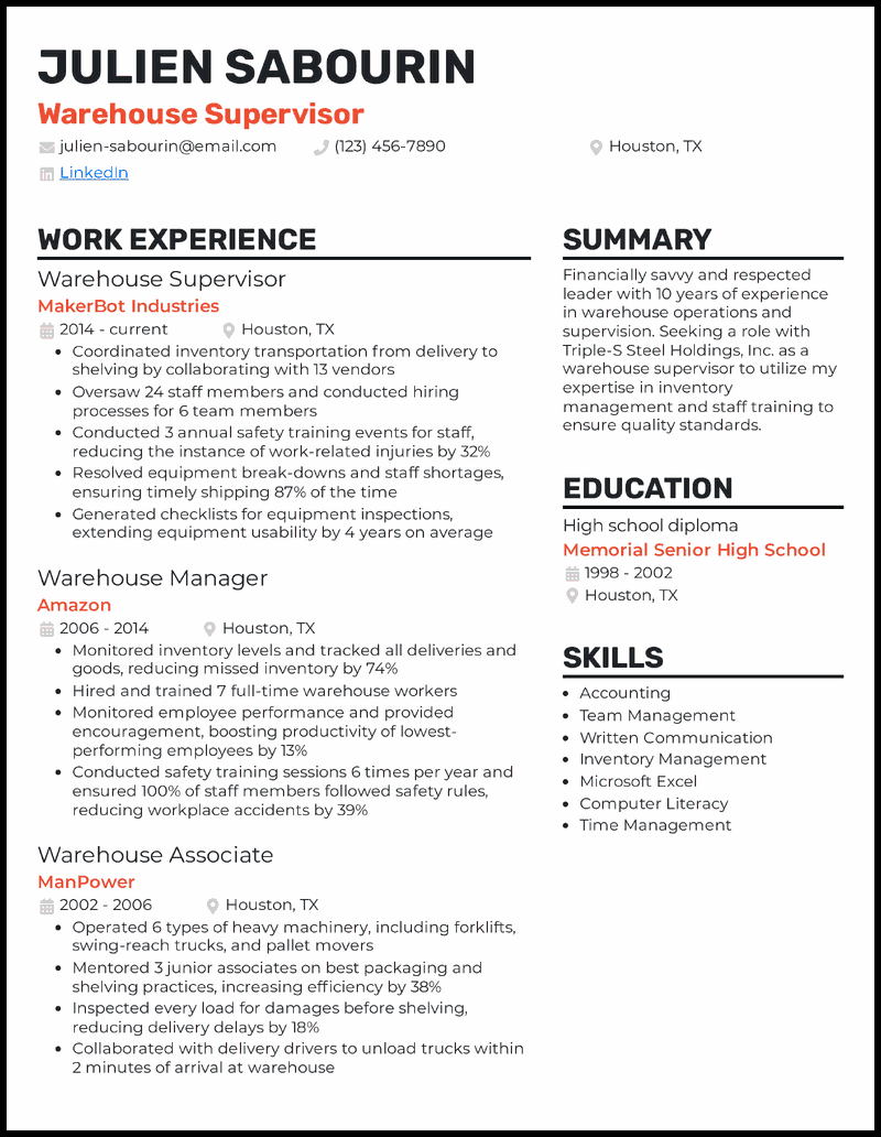 warehouse worker resume summary