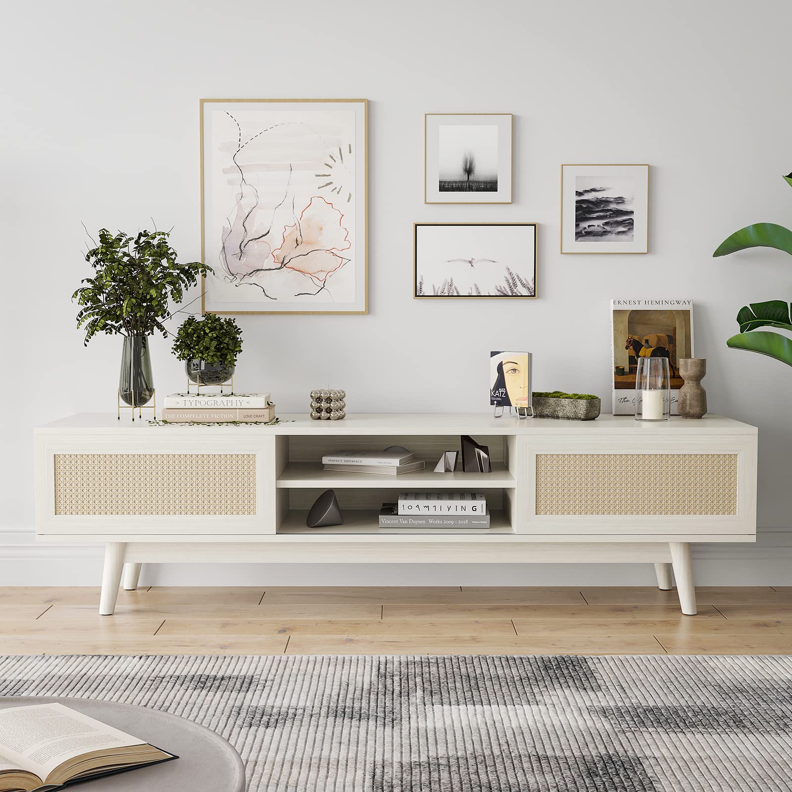 white and rattan tv stand