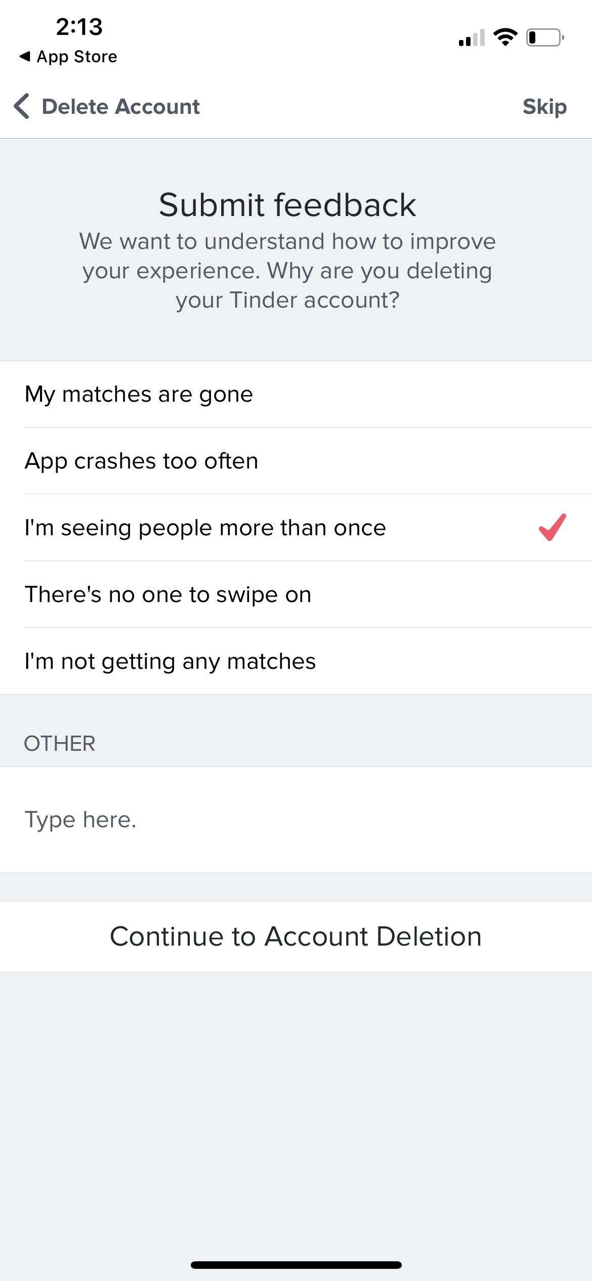 why wont tinder let me delete my account
