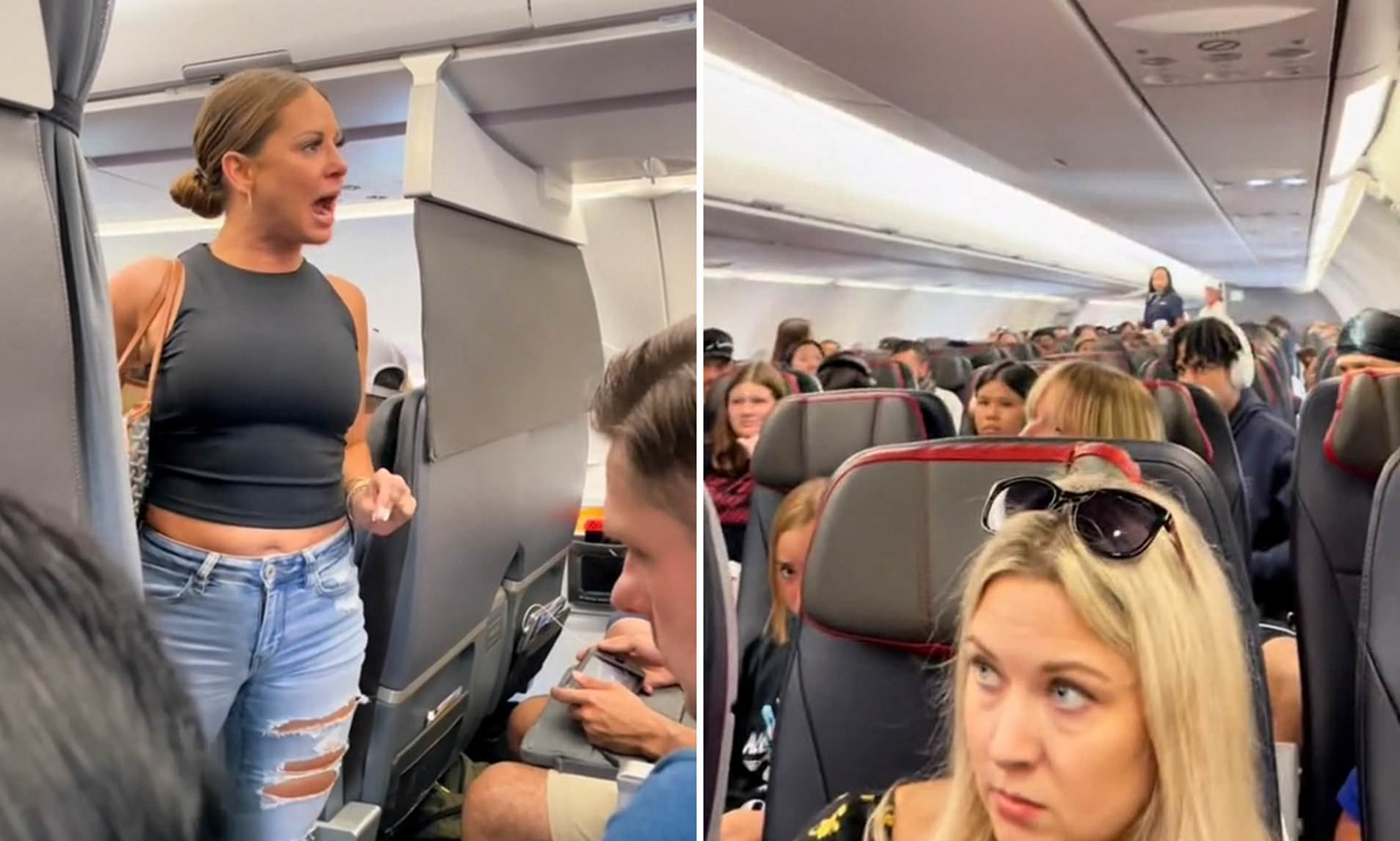 woman sees something on plane