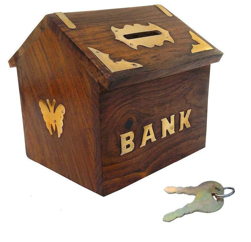 wooden piggy bank with lock