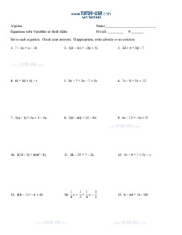 worksheet with variables on both sides