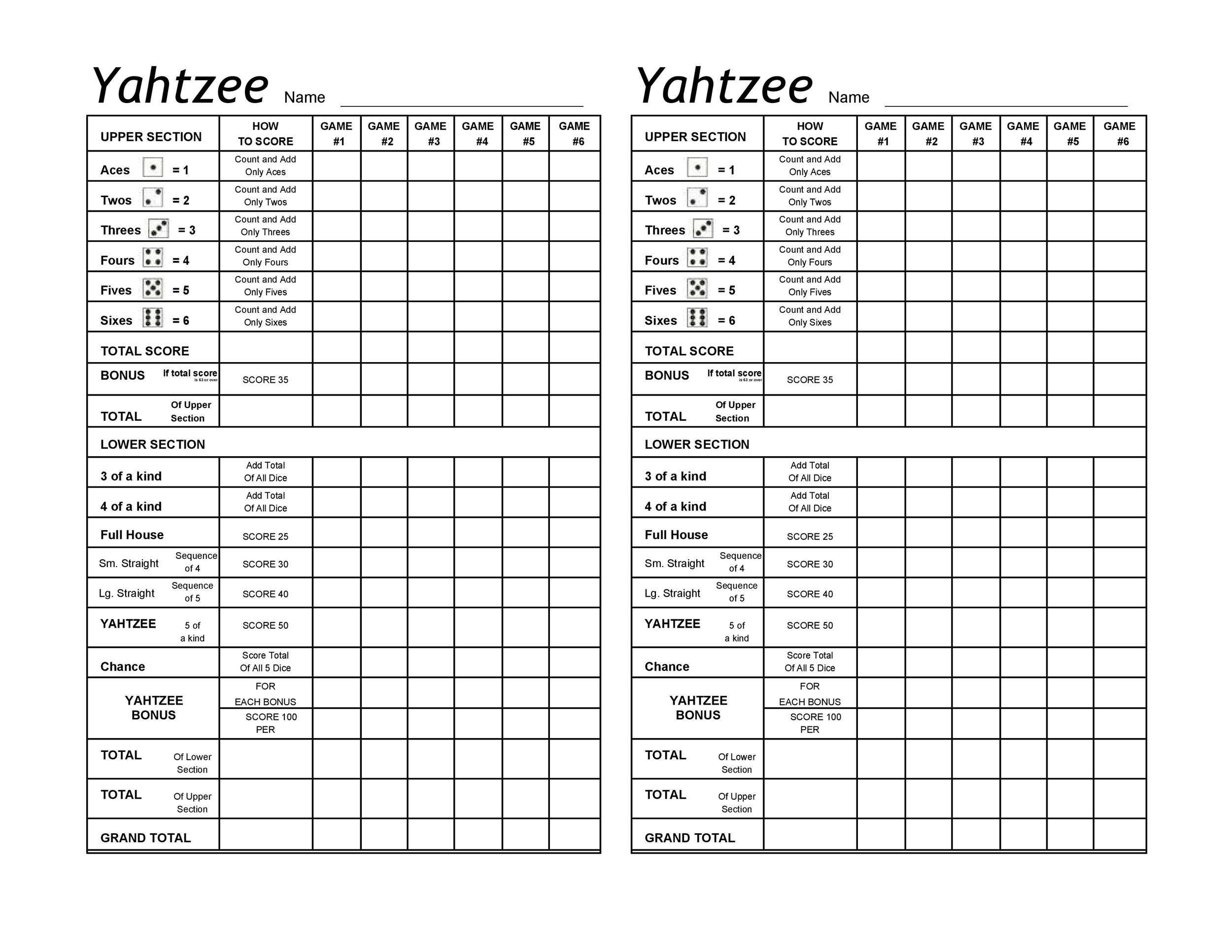 yahtzee game sheets